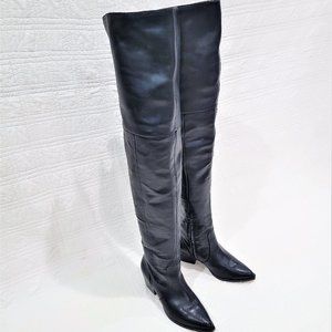 Thigh-hi Black Leather Western Style Heel Boot